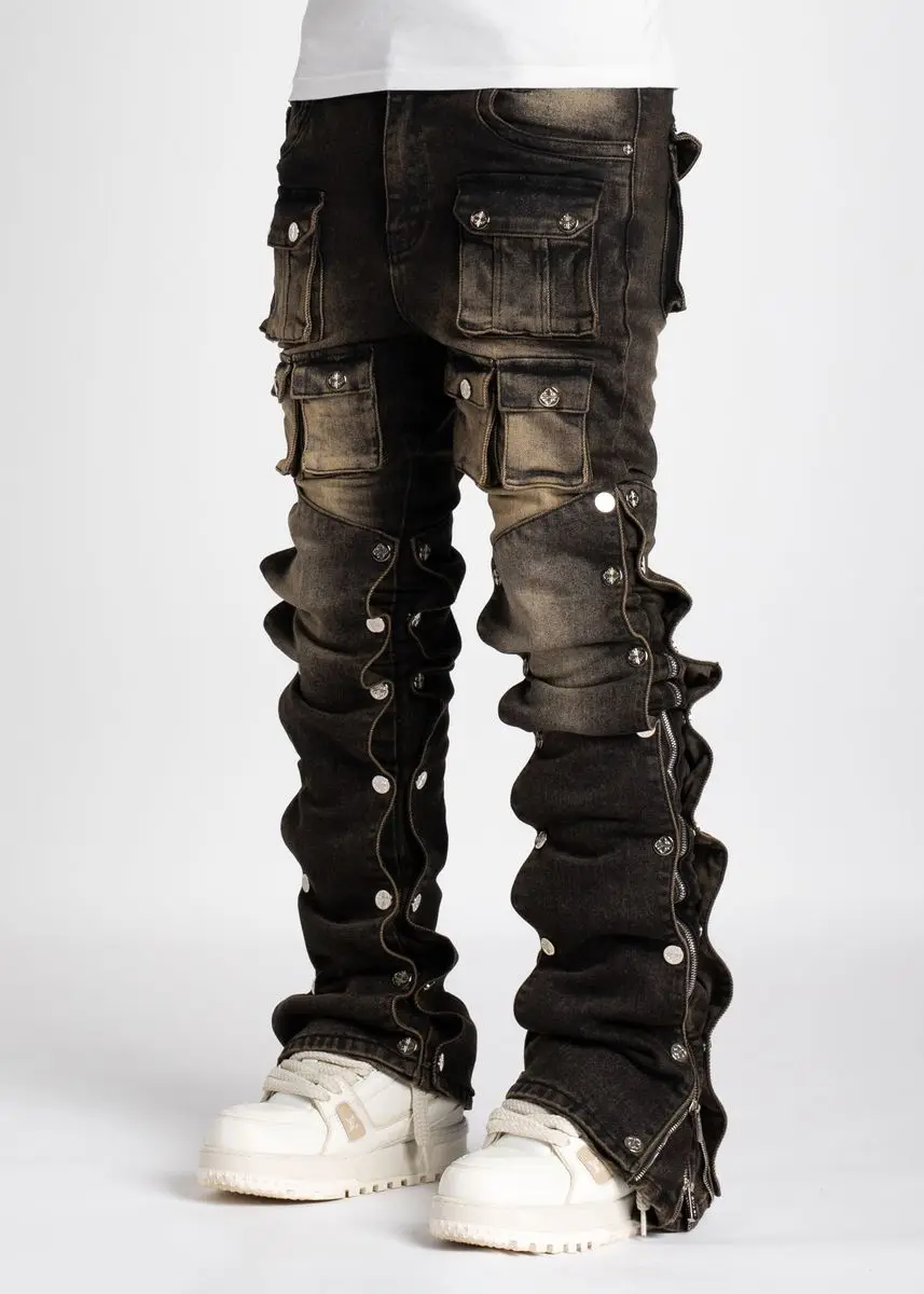 Salati Custom New Sun Faded Stone Acid Wash Boot Cut Carpenter Skinny Distressed Man Cargo Denim Pant Trousers Stacked Men Jeans gallery 9