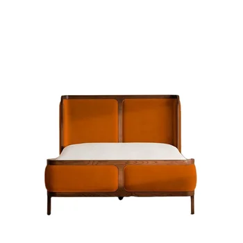 Mid century-style bed Velvet upholstered headboard and footboard Solid oak frame bed