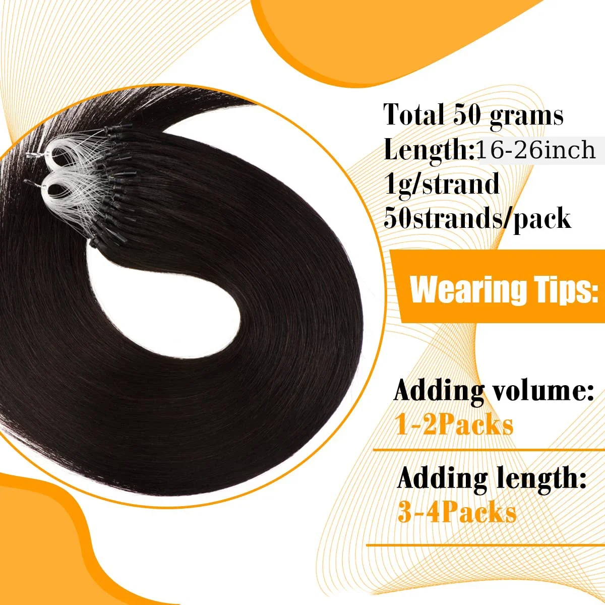Extension per capelli Micro Loop da 16-26 pollici con micro perline, estensione per capelli Remy da 1 g/ciocca da 50 g, colore #1B, nero naturale liscio per salone_voghion.com