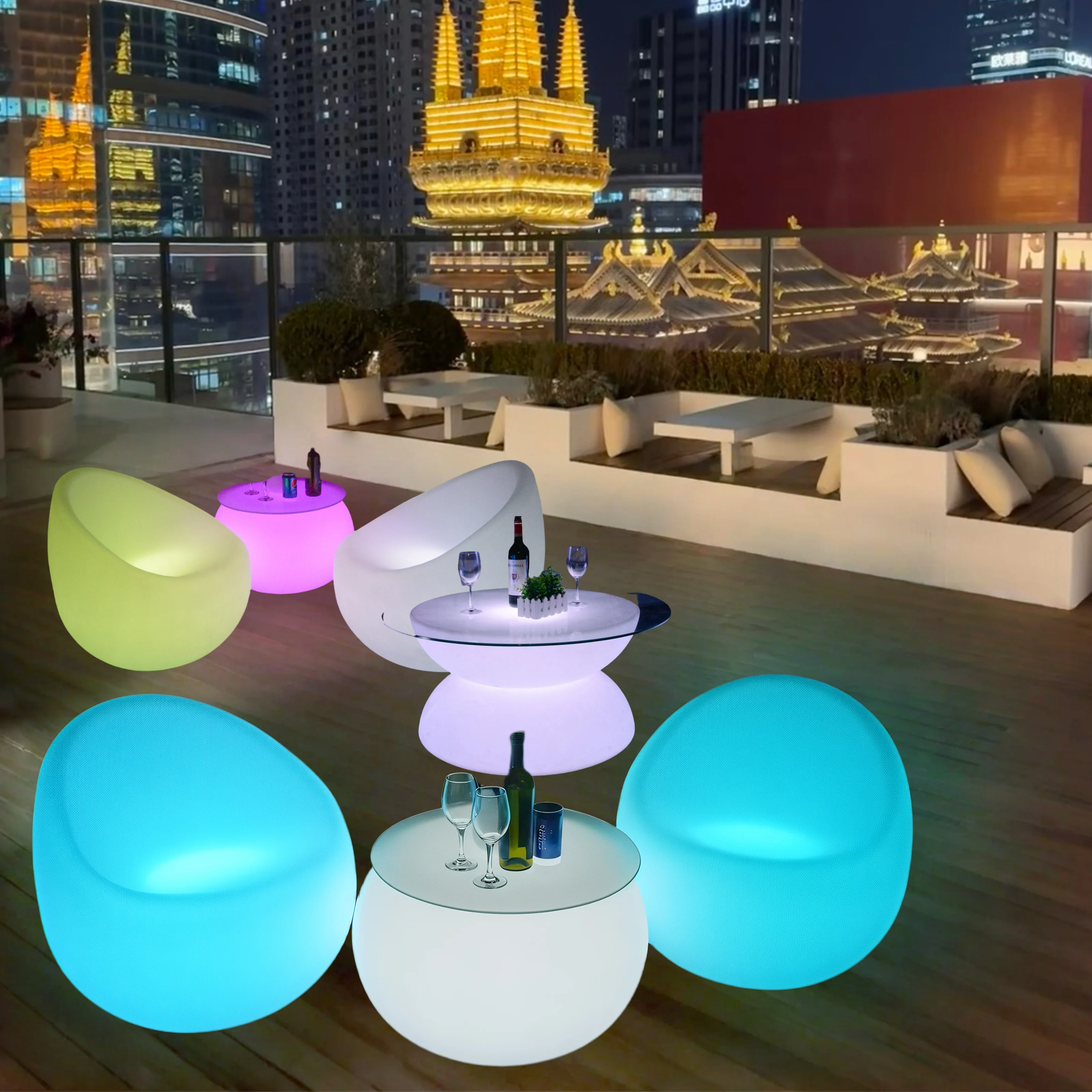 Smart Modern LED Furniture Set for Living Room Practical Plastic Sofa Corner Unique LED Table and Chairs for Hotels
