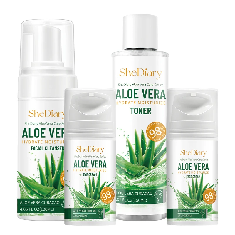 OEM SheDiary etiqueta privada Aloe Vera belleza hidratante conjunto de 4 piezas blanqueamiento hidratante cuidado de la cara conjunto de cuidado de la piel natural