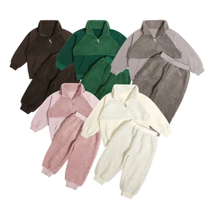 In Stock Wholesale Custom Logo Solid Color Long Sleeve Big Pocket Fleece Outfits Clothes Zipper Warm Sweatsuit Winter Kids Sets