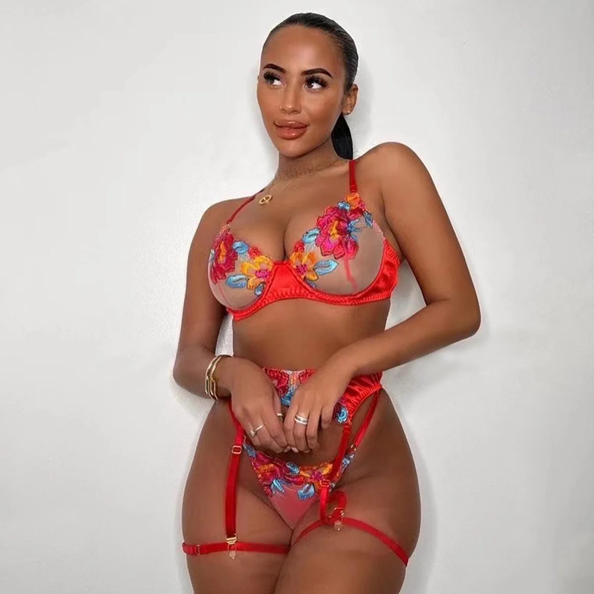 Sexy Flower Lingerie Underwear Women High Quality Luxury Stripper Clothes  Exotic Embroidery Transparent Lace Satin Lingerie