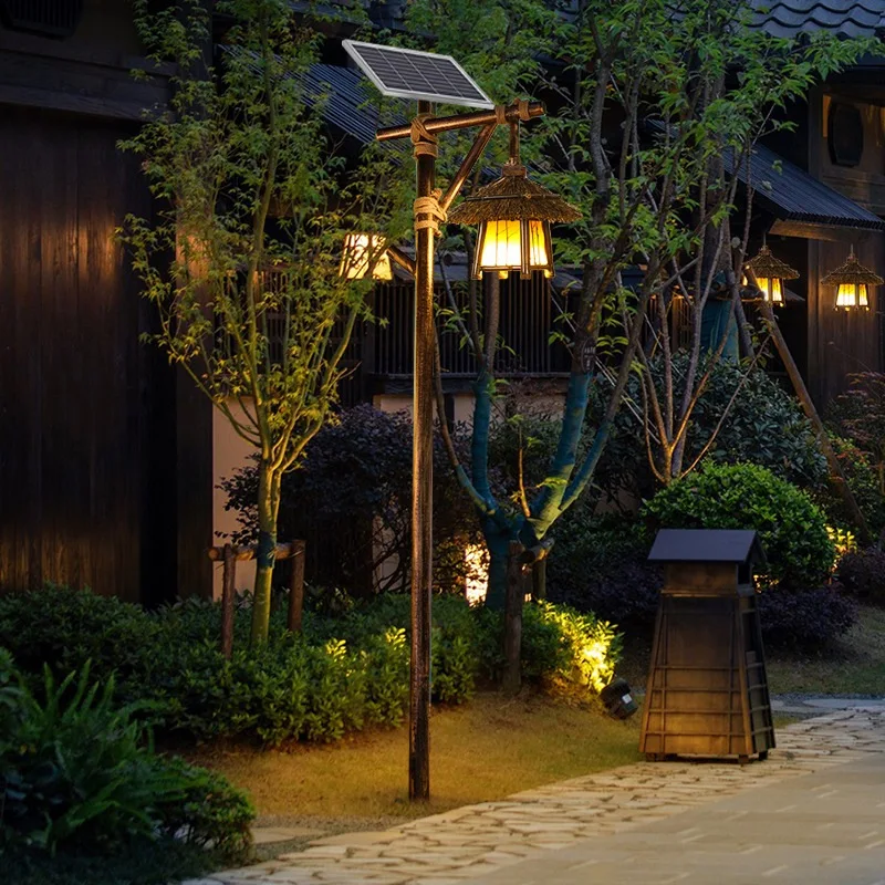 Solenergidriven pastoral stil utomhuslampa, kinesisk retrogårdsgata, simulerad bambu hög stolpe för hemträdgård