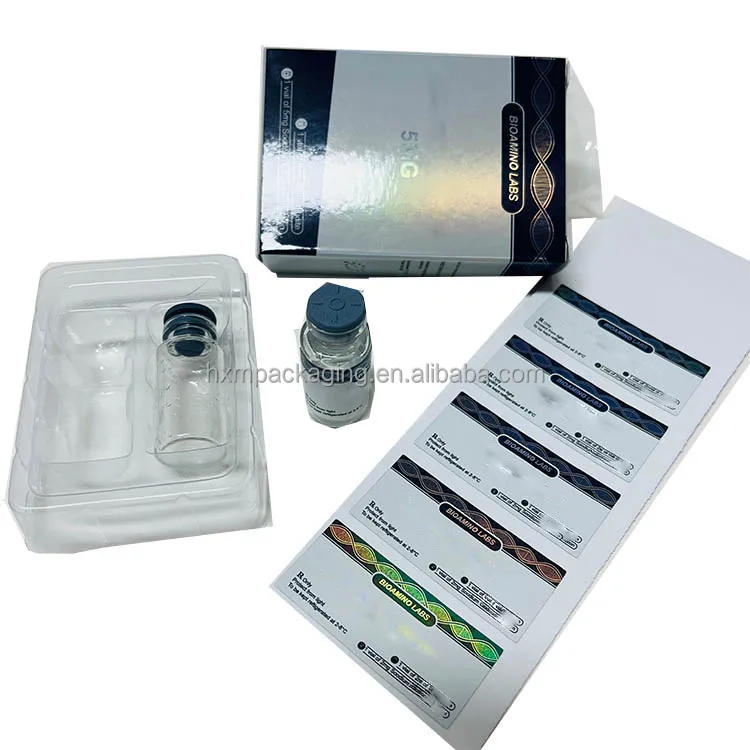 Maßanfertigung von Kartons, Etiketten und Hologramm-Logo für Peptid-Tirz-Fläschchen. Verpackungskarton mit Plastiktablett.