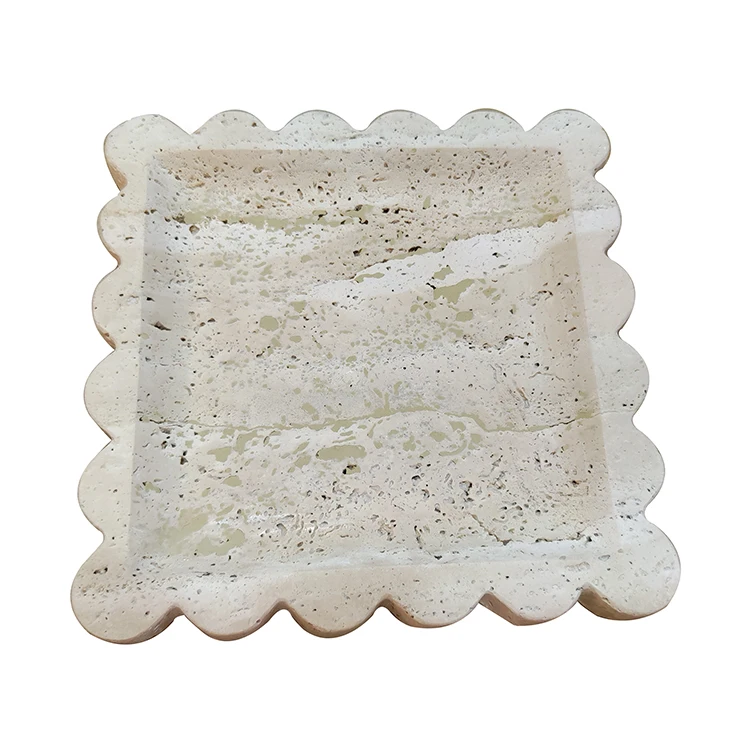 Modern Travertine Stone Tray for Jewelry Display and Home Decoration, Square Scallop Design with Wooden Base