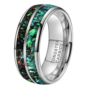 Coolstyle Jewelry 8mm Domed Engagement Promise Wedding Band for Men Women Green Opal Chip Inlay Tungsten Carbide Ring