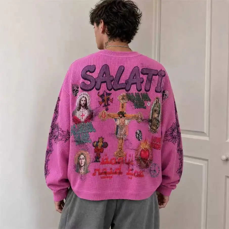 OEM Waffle Knit Pullover Sweatshirt Graphic Print Oversized Streetwear Casual Bulk Supplier Winter Loose Fit Men Sweatshirt gallery 4