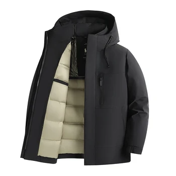 Men's High-End Jacket Fall Winter Casual Business Outdoor Hood Long Warm Zipper Closure Breathable Coated Featuring Logo