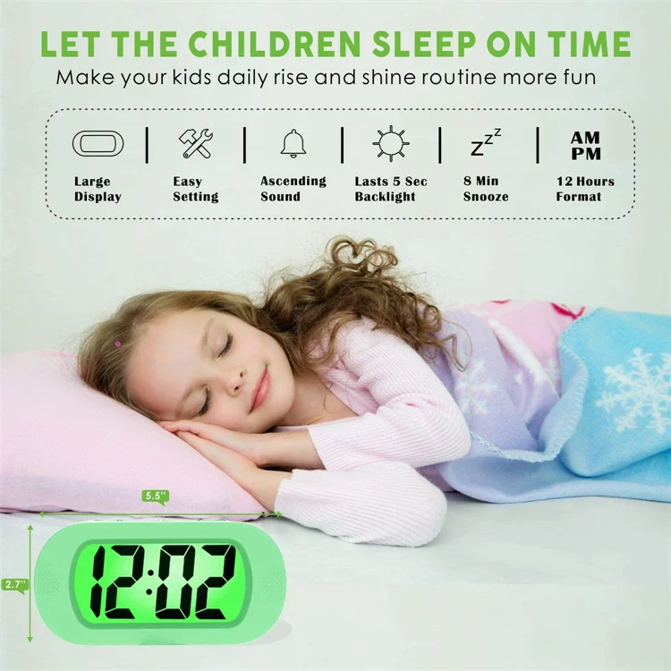 Easy Setting Silicone Protective Cover Digital Silent LCD Large Screen Desk Bedside Alarm Clock with Snooze Light Function