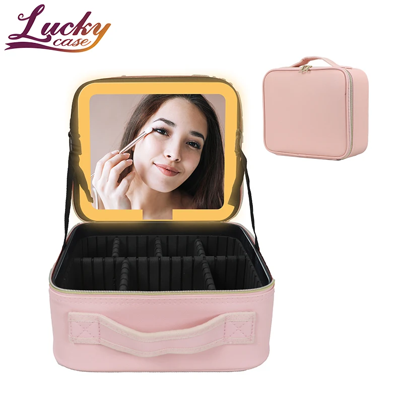 Pu Makeup Bag With Led Mirror Lighted Make Up Travel Bag With Dividers ...