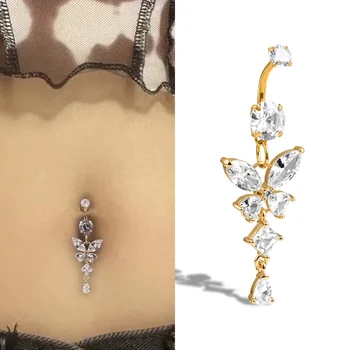 LAYCHEN Fleur Verte Zircon Nombril Anneaux Papillon Gouttelettes d'eau Pendant Nombril Anneau Piercing Nombril Bijoux De Corps