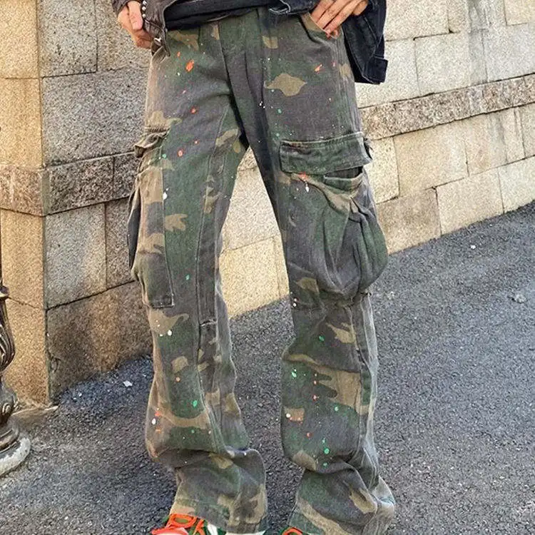 Men's Custom Printing Straight Leg Camo Cargo Pants Lightweight Mid Waist Elastic Closure Casual Oversize Style