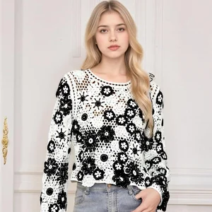 Autumn New French-Style Floral Embroidered Color-Block Knitted Hollow-Out Long-Sleeve Sexy Slim-Fit Breathable Short Casual