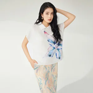 High Quality Summer Women's Vintage T-Shirt Pleated Lapel Stretch Printed Animal Pattern Short Sleeve Turn-Down Collar Top