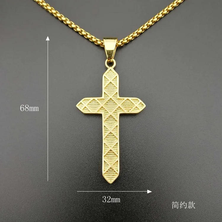High Quality Cut Design Hip Hop Gold Plated Stainless Steel Rhinestone Crystal Stone Jesus Cross Pendant Necklace Women Men