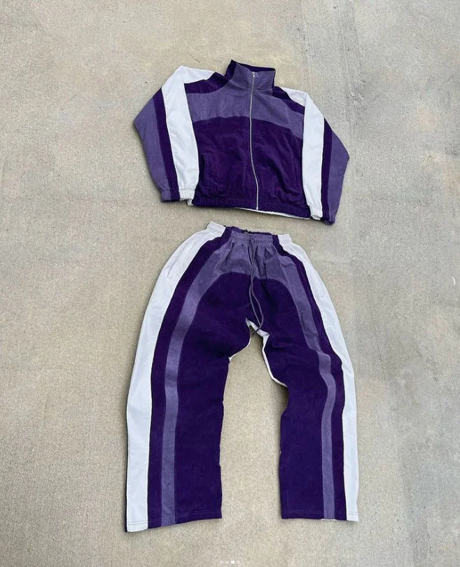 Salati Fashion Custom Men Oversized Pullover Splicing Color Cotton Tracksuits Wholesale Spring Autumn Washed Jacket & Pants Set gallery 2