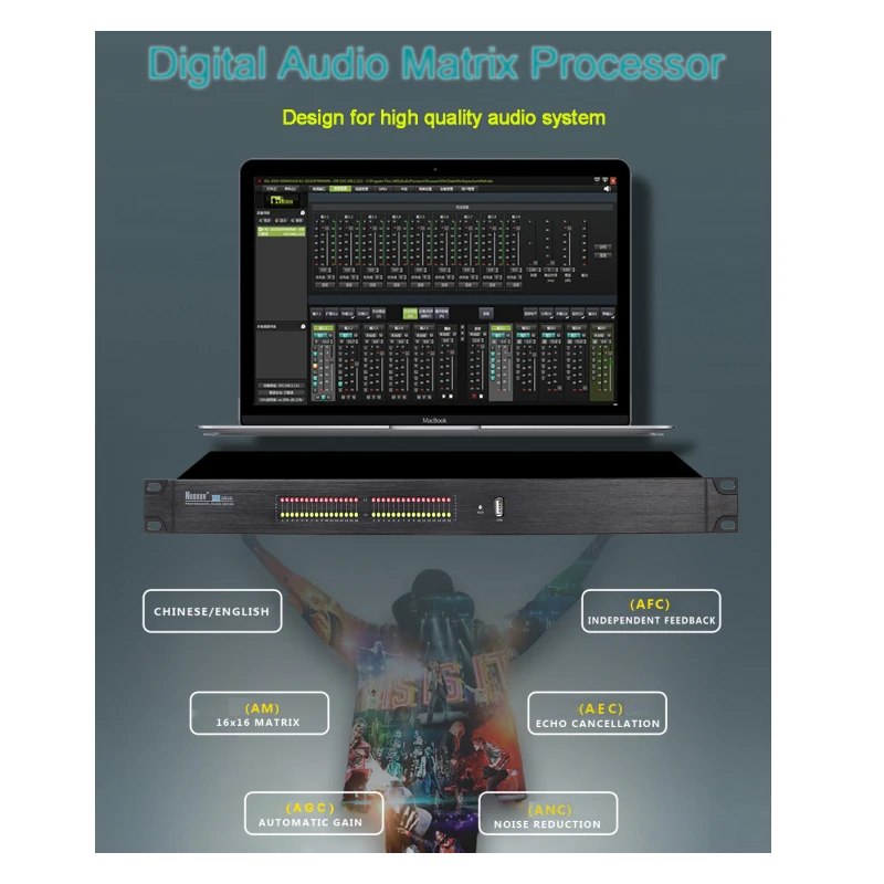 16-Channel Professional Audio System Digital Conference Audio Matrix Processor Durable Metal Construction