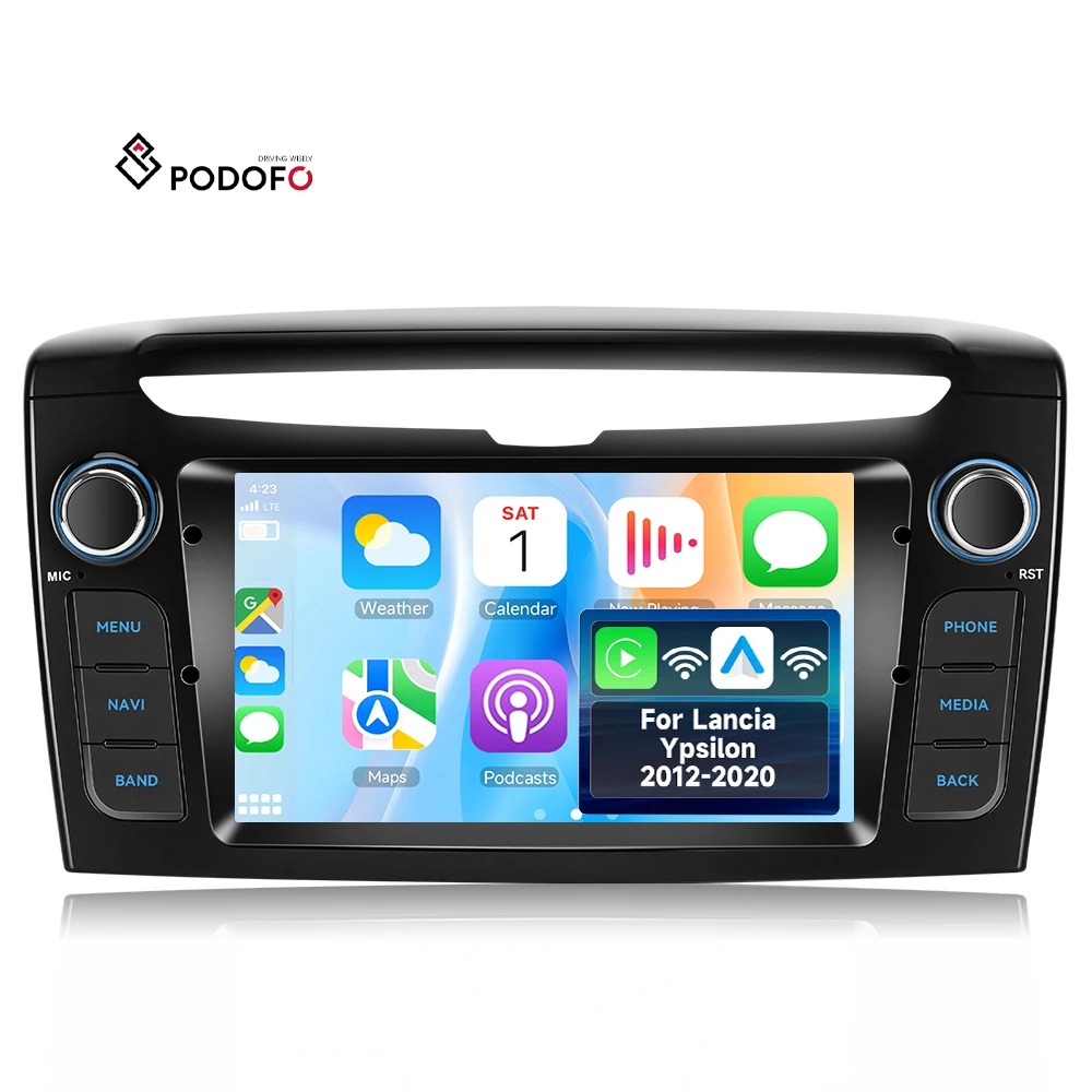 Podofo Android 2DIN autórádió, 7 hüvelykes, 4+64 GB, vezeték nélküli CarPlay/Android Auto, GPS, Bluetooth, WiFi, gyári kivitelű, Lancia Ypsilon (2012–2020), OEM A4644