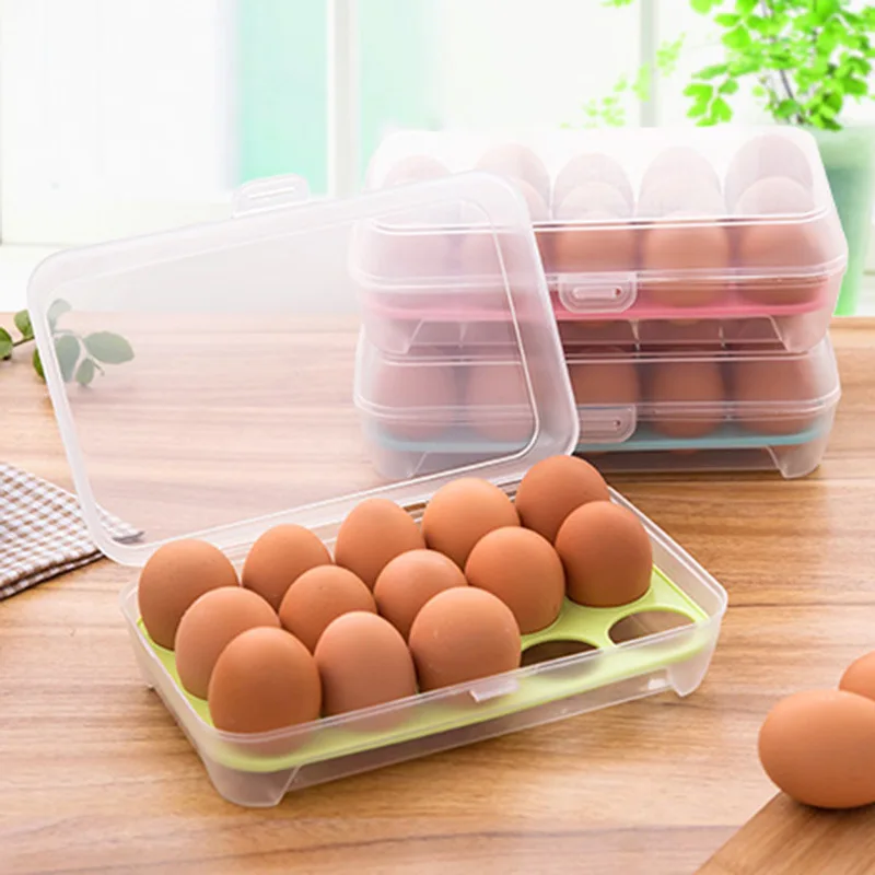 Boîte de rangement en carton d'œufs de cuisine, boîte de rangement en plastique à 15 panneaux anti-collision réfrigérateur bac à œufs portable plateau à œufs congelé porte-œufs