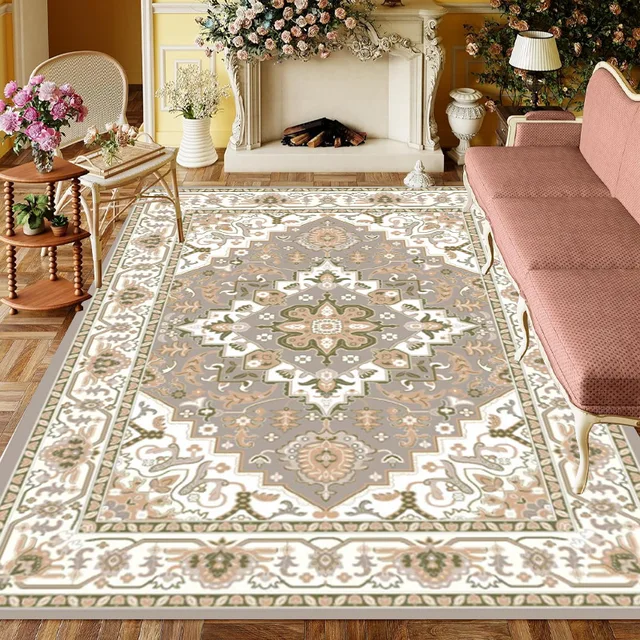 Antique Vintage Cashmere Carpet Foldable Machine Washable Base for Living Room Coffee Table-Washable Rug Floor Mat Set