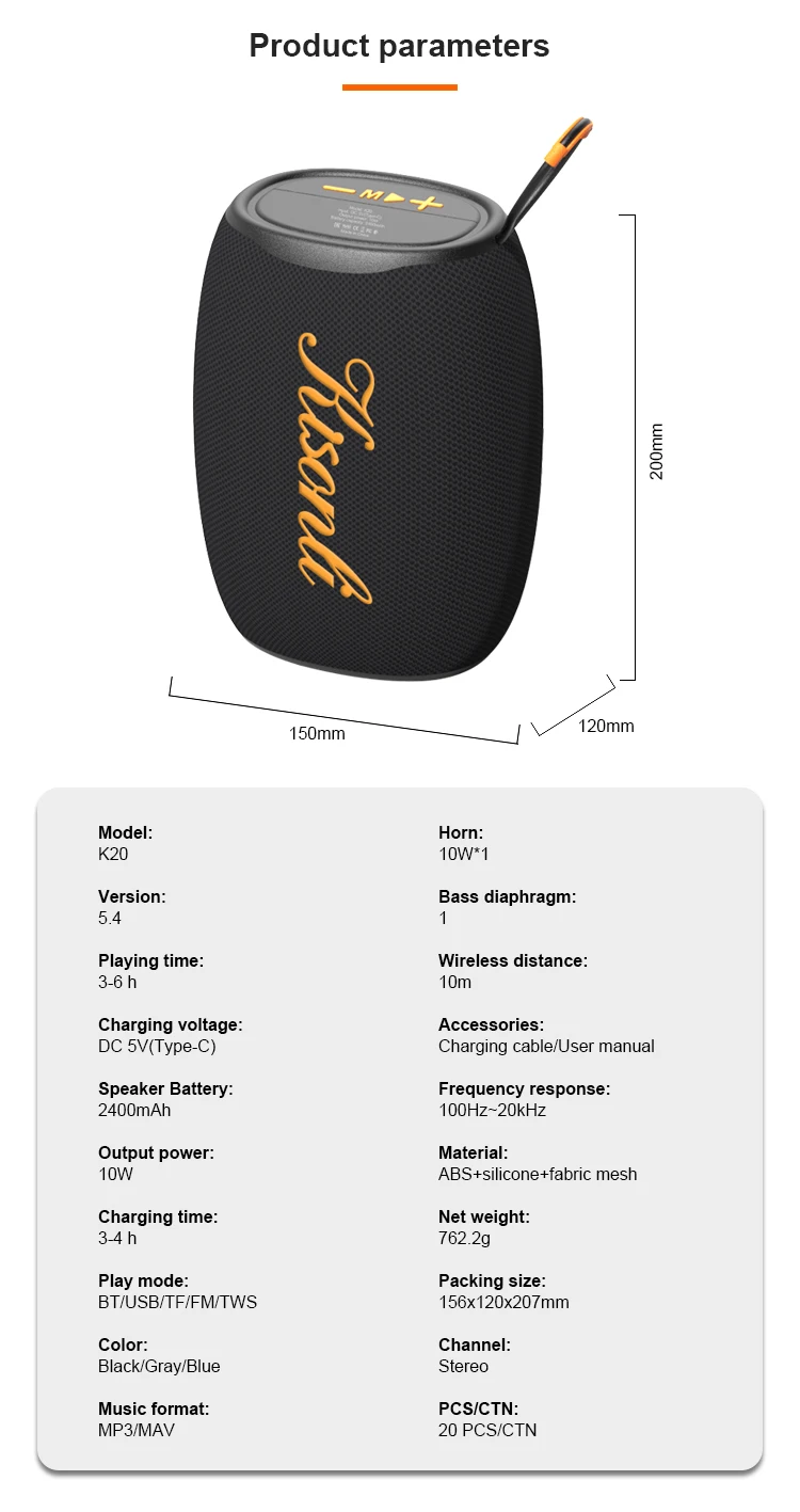 Kisonli K20 High Bass Blue Tooth Tws Small Dj Speaker