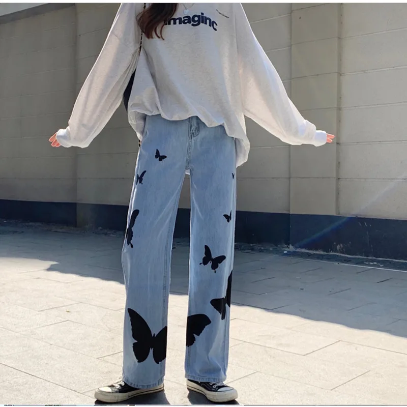 Butterfly Print High Waist Straight Washed Light Blue Denim Pants Jeans for Women Stylish