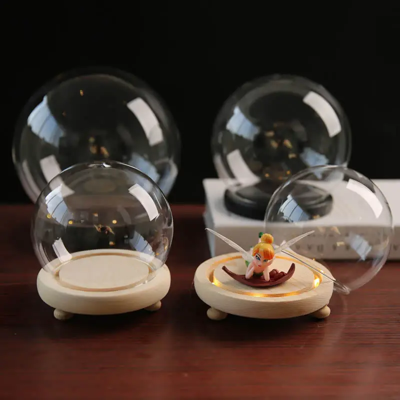 DIY LED Crystal Ball Empty Snow Globe with Wooden Base Desktop Decoration Glass Cover for Anime Figure