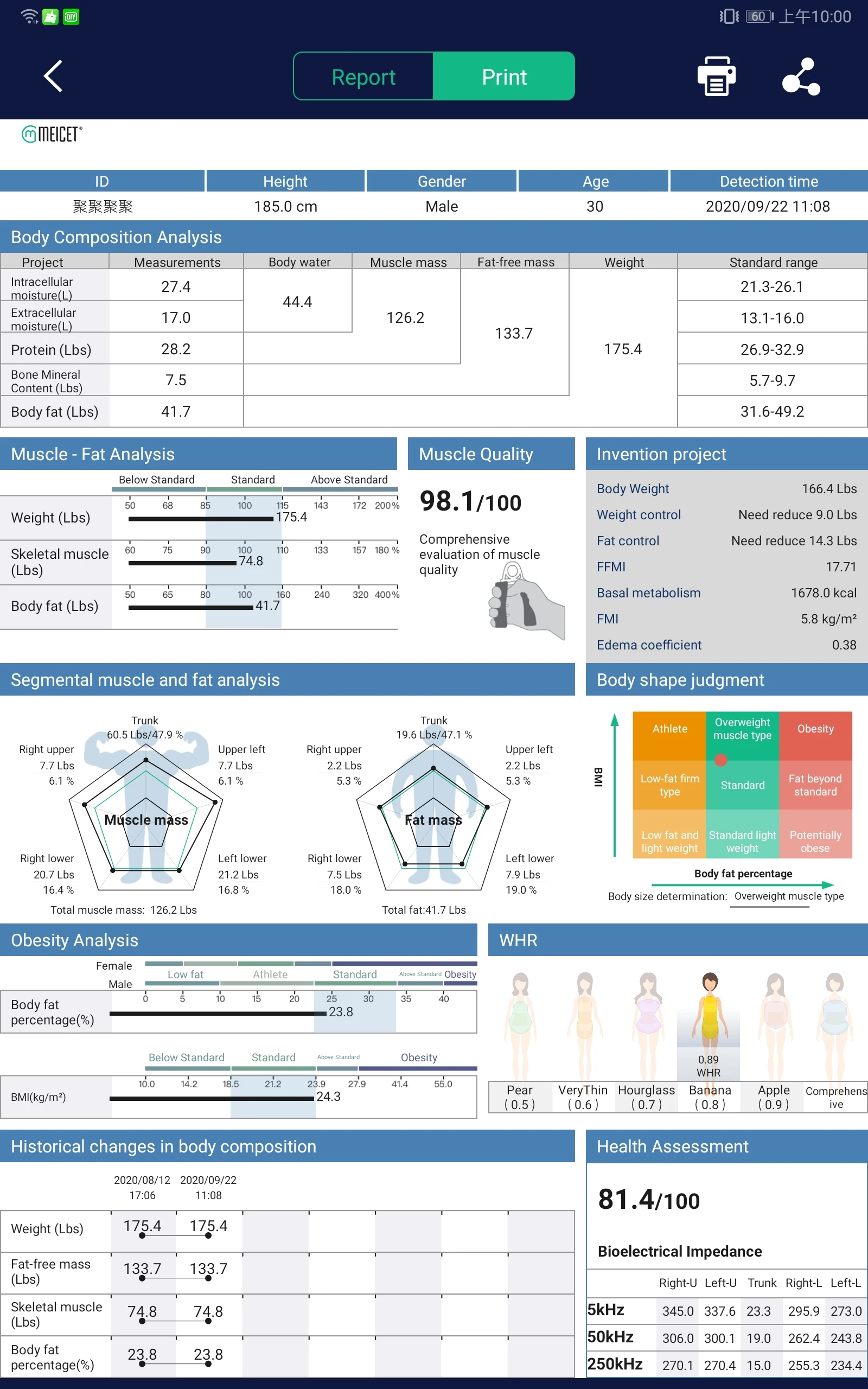 Meicet BCA 100 Body Composition Analyser BIA Technology Health Biometric Body Fat Analyzer for Body Care
