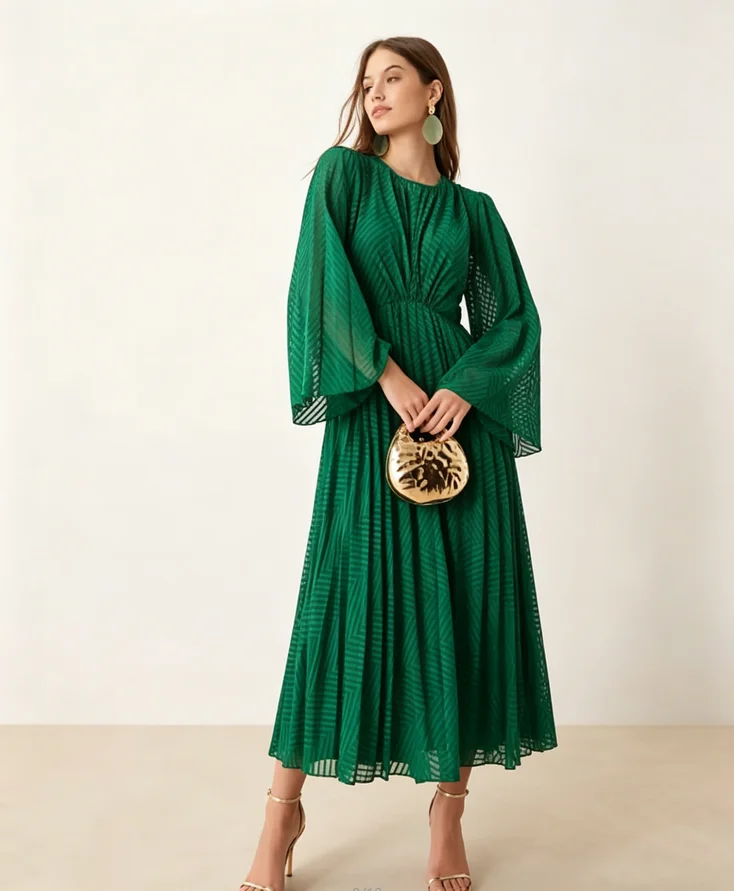 chinese dress ladies Emerald Green Long Sleeve Midi Dress with Pockets, Floral Flowers Women Casual Cute Designer Flare Elegant Plus Size Dress M main image 1