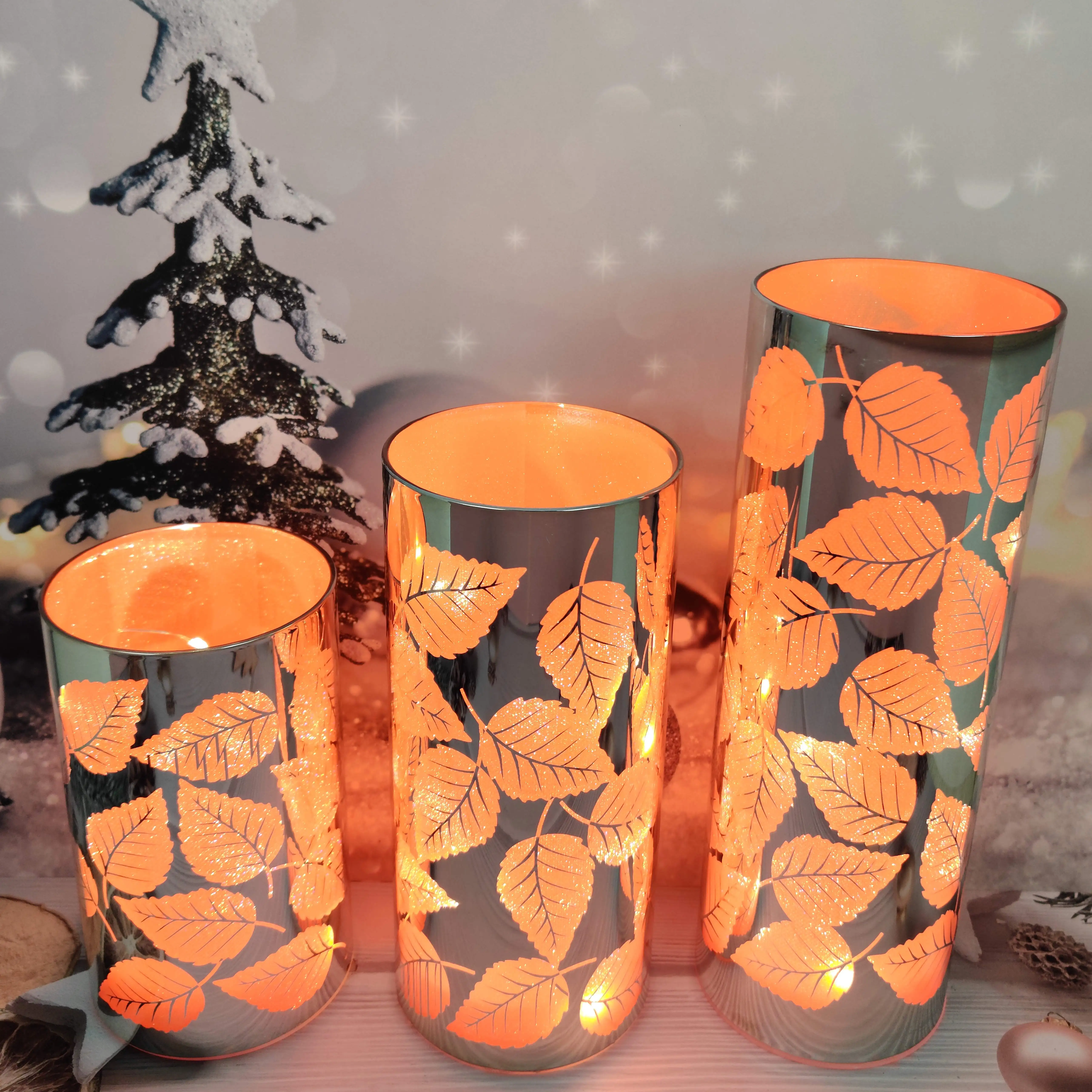 Battery operated led light up glass Christmas cylinder hurricane table decoration setting ideas manufacture