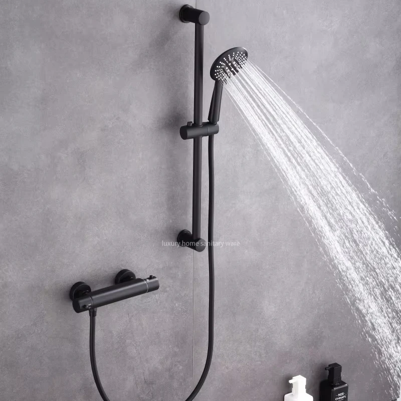 Round Overhead Rain Hand-held Riser Shower Set Black Constant Temperature Shower Mixer Set Shower System