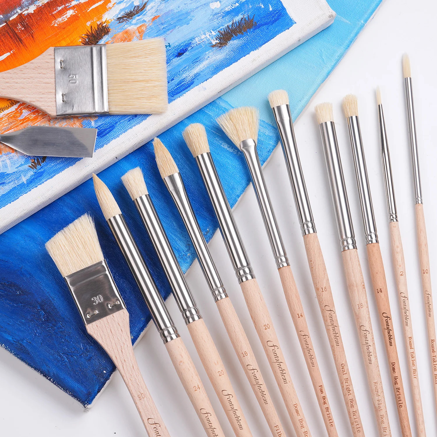 Fontainebleau New Arrival 24pcs Oil Brush Set Hog Bristle Wooden Handle Artist Paint Brush for Acrylic Oil Paiting