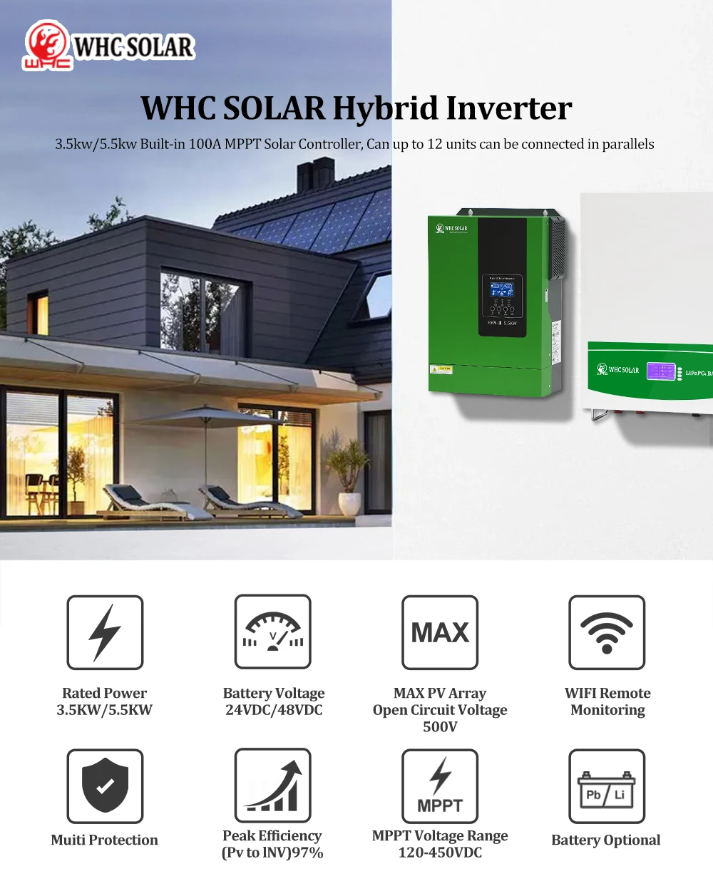 Whc Solar Solar Hybrid Inverter 3.5kw 5.5kw Single Phase Solar Storage ...