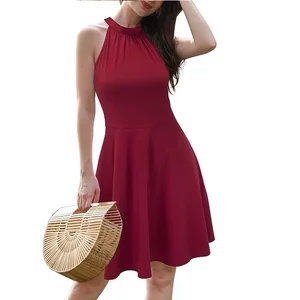 Women 2023 Summer Halter Neck Sleeveless Flared Swing Dress Wedding Guest Formal Casual a Line Sundress