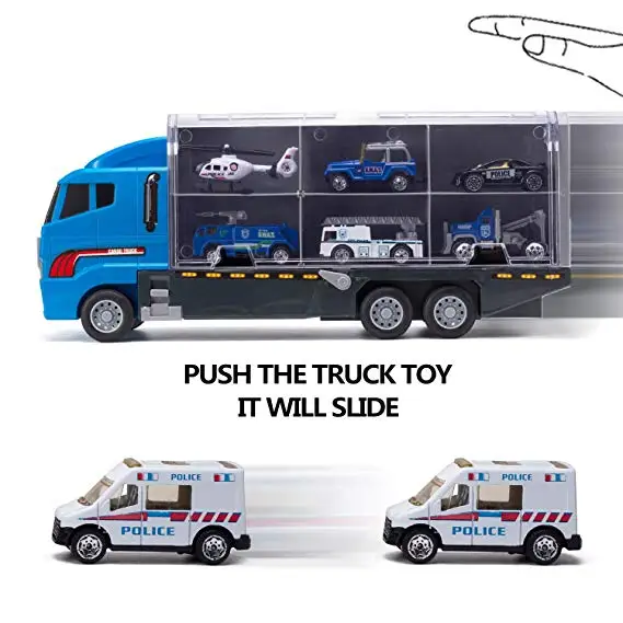 10 in 1 Police Transport Truck Mini Die-Cast Plastic Play Vehicle in Carrier Car Toy Set Mini Cars for Kid Children Boy