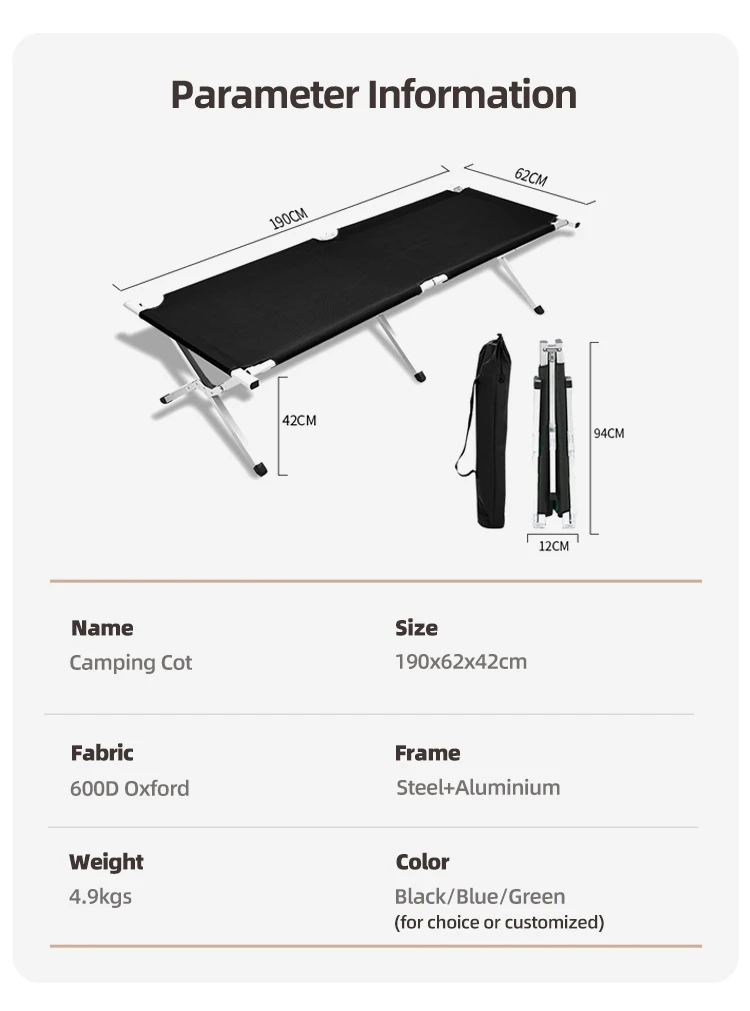 Homful Hot Sale 600d Oxford Folding Cot Bed Aluminium Portable Camping
