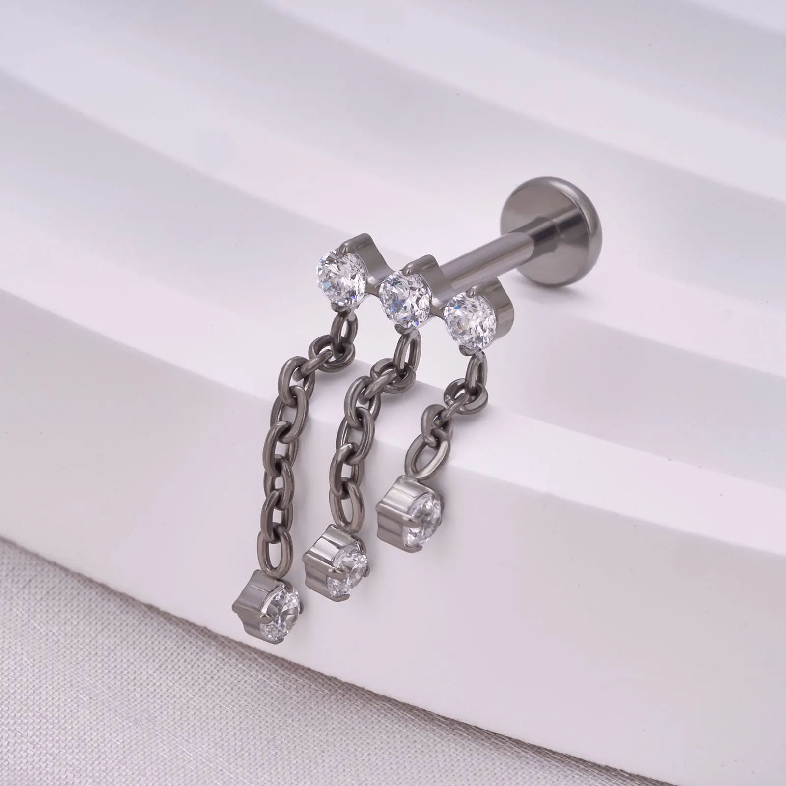 ASTM F136 Titanium Chain and Hinged Earring Zircon Inlay Ear Studs Labret Sling Originality Punk Body Piercing Jewelry