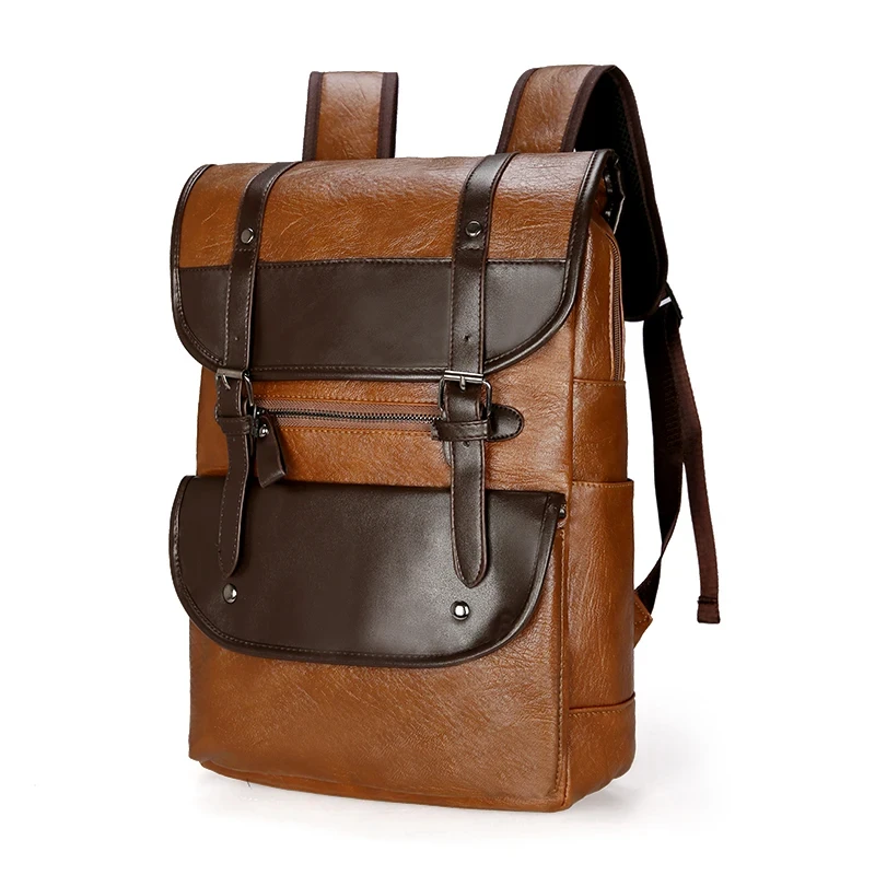 16.5-Inch Fashion PU Leather Laptop Backpack Men Retro Schoolbag Large Capacity Books Waterproof Mochilas Patchwork Teenagers
