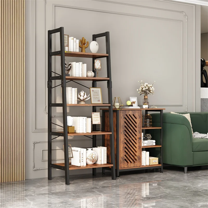 YQ Forever Furniture Modern Design Wood and Black Metal Living Room Decorative Storage Rack Bookcase Bookshelves Cabinet