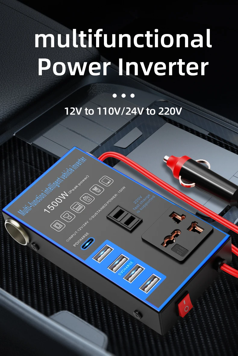 Car Multi-function 12V24VDC Converter AC220V USB Socket Fast Charge Car Power Inverter