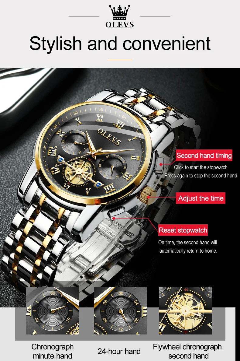 OLEVS 2859 Designer Mens Brand Quartz Multi Time Zone Chrono Fashion Ttourbillon Stainless Analog Watch