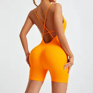 Seamless Ribbed Quick Dry Spandex/Nylon One Piece Scrunched Jumpsuits Playsuits Back Off-the-Shoulder Neck No Sleeve Fitness