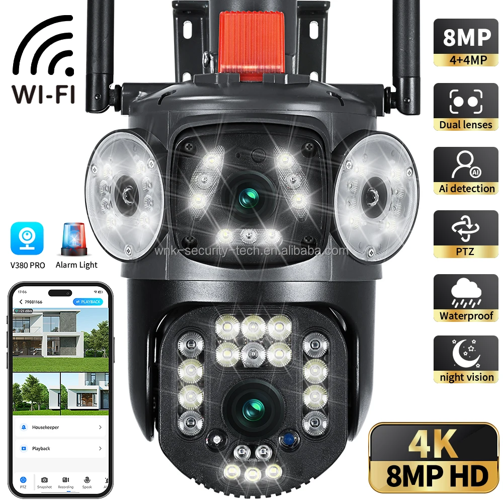 Wholesale Three Screens 4MP 2K Wireless WiFi  CCTV PTZ Outdoor Camera V380 Pro Dual Lens WiFi Security Camera