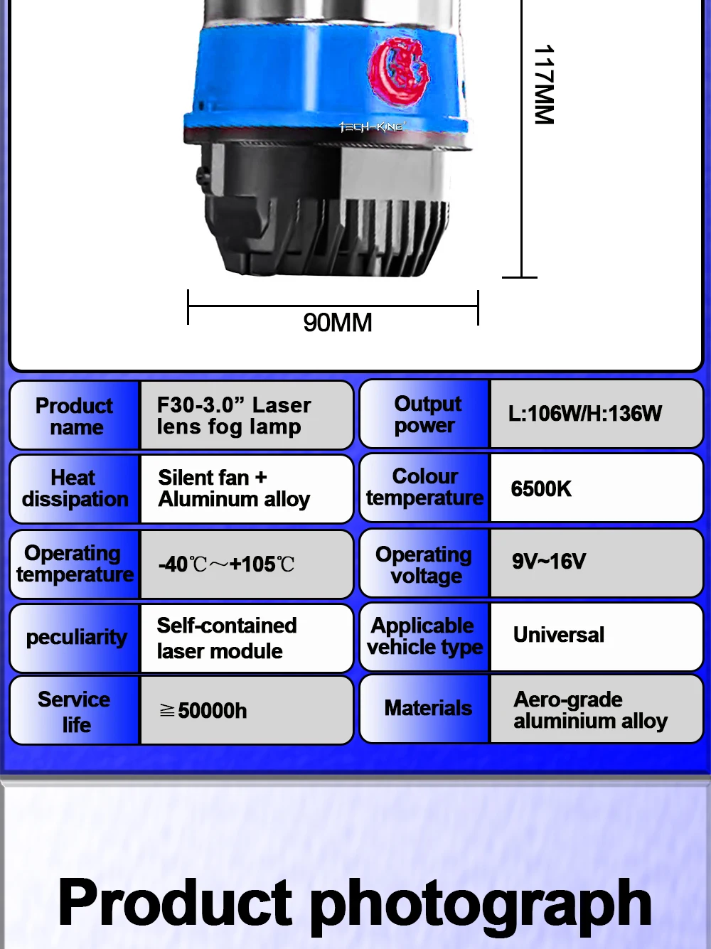 TECH-KING Universal 3inch 136W Bi LED projector lens fog lights Retrofit kit For Toyota For Nissan For Honda laser fog light