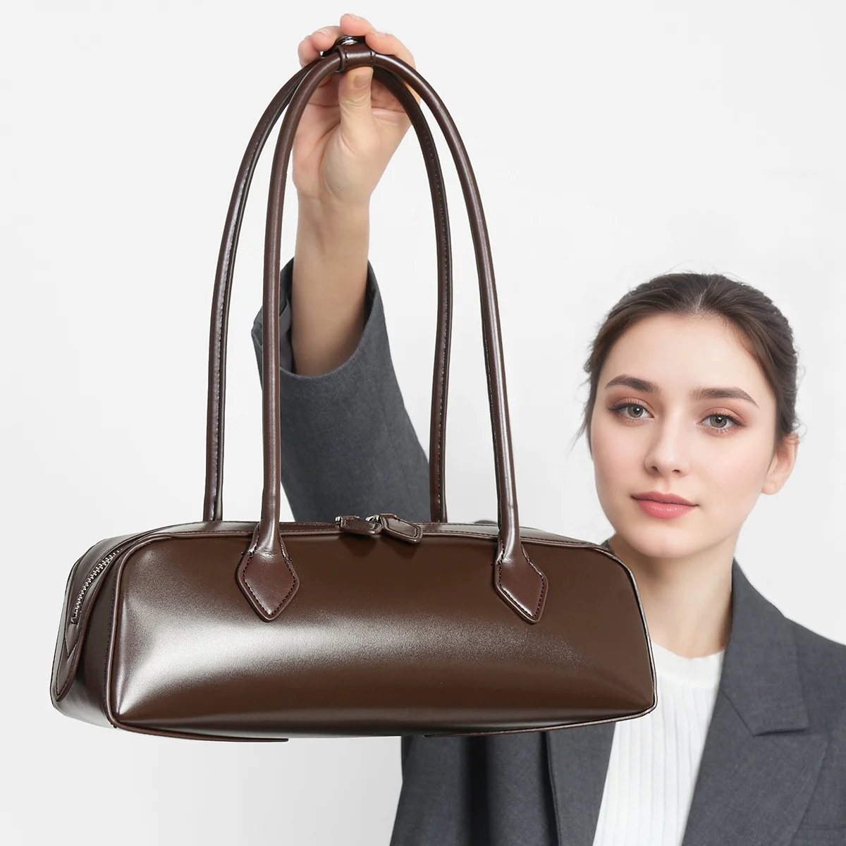 Women’s 2026 New Korean Niche Design Single-Shoulder Zipper Medium Size Large-Capacity Cowhide Underarm Bag Long Red for