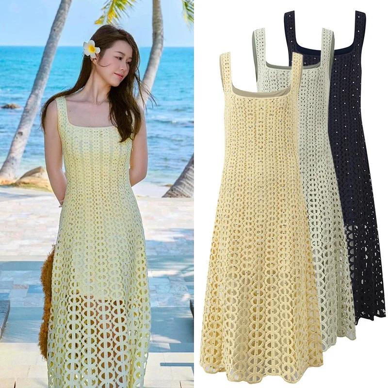 High Quality Beading Hollow Out Long Dresses for Women 2026 Spring Summer Elegant Strapless Maxi Dress