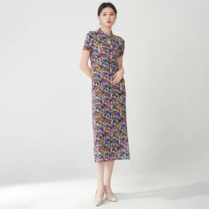 Summer Women's Fashion Dress High Quality Stretch Print Casual Dress Miyake Pleated Dress One Size