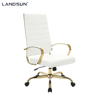 White PU Leather Executive Chair Furniture Golden Chromed Metal Frame Swivel Office Chair