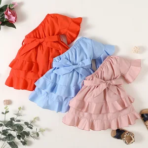 2021 Summer Solid Color Frock Single Inclined Shoulder Skirt Flare Short Sleeve Lace Waist Strap Layer Girls Cake Dress
